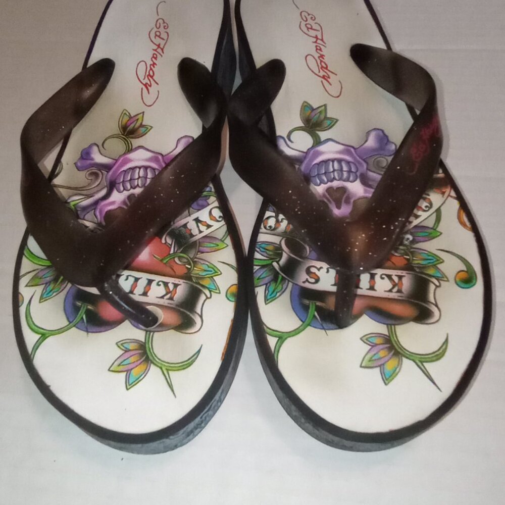 Ed Hardy Y2K Vintage SKULLS Love Kills Slow Wedge Flip Flops Size Approx. 6-6.5 - Picture 12 of 16